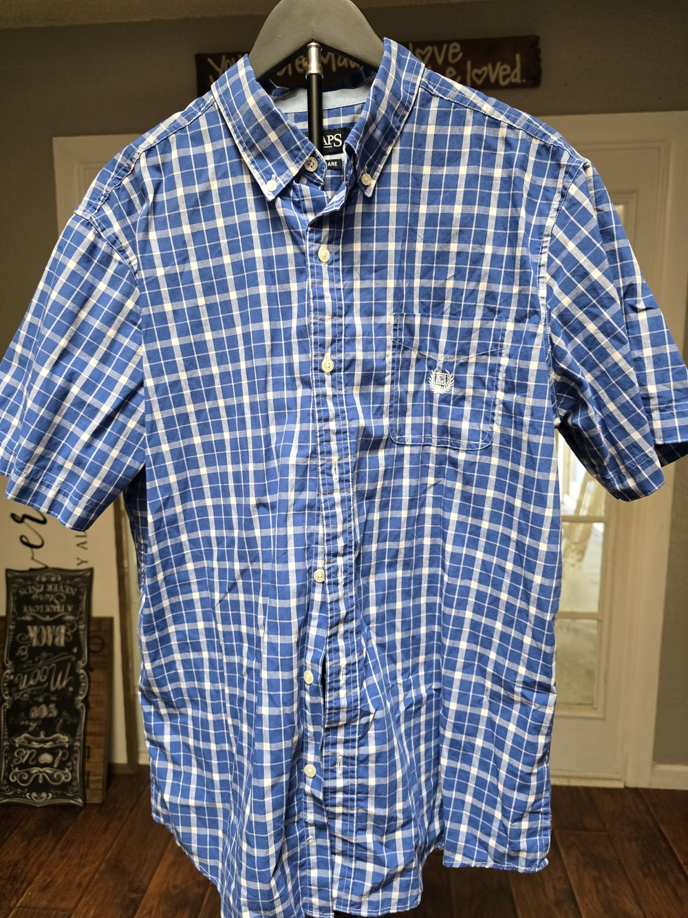 Chaps Blue and White Plaid Short-Sleeve Button-Down Shirt